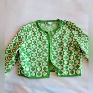 Zara Lime Green and White Geometric Knit Cardigan
